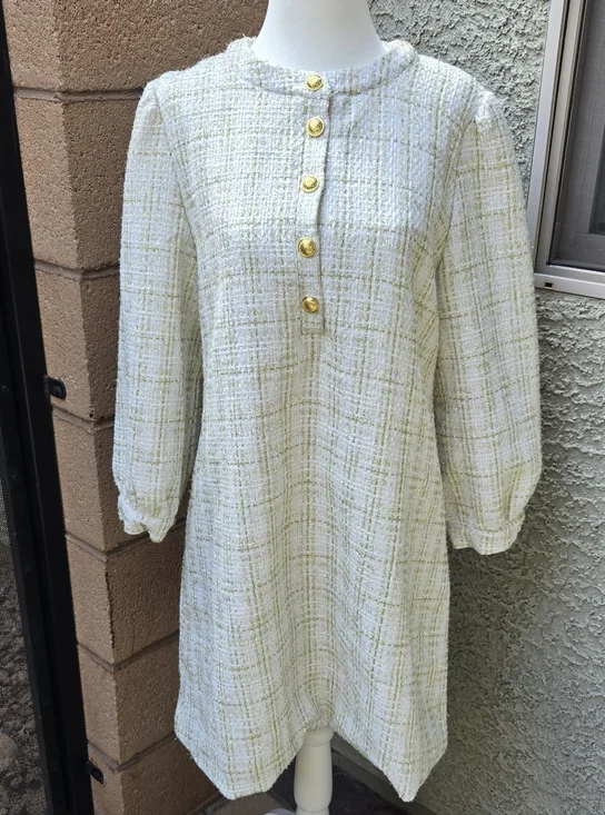 Shop The Mint Ivory Plaid Button-Front Long Sleeve Shift Dress - Picture 2 of 11